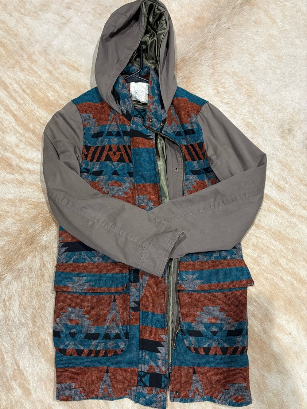 Southwestern Print Hooded Coat with Olive Sleeves